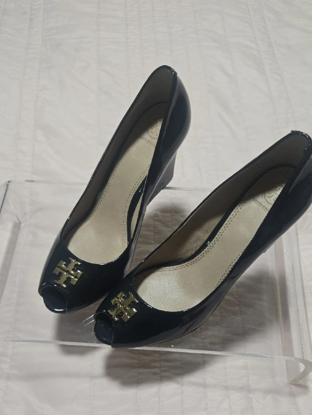 Tory Burch Navy Patent Peep-Toe Wedge with Gold Logo Accent